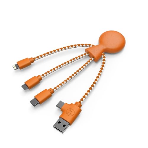 Xoopar Multi USB Cable 4 in 1 - Universal Charger Made from Recycled Plastic - USB, USB-C, Lighting, Micro USB Ports - Compatible with All Smartphones Mr Bio White Octopus