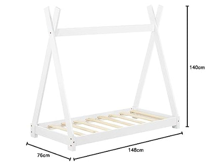 [en.casa] Children Bed 148x76x140cm Matte White Bed for Kids Pine Wood Bed Frame Indian Tent Design