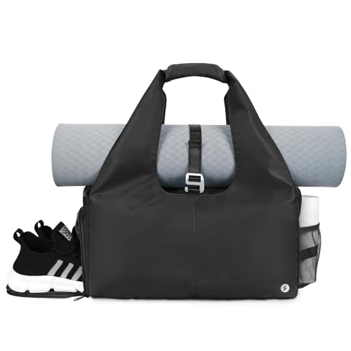 sportsnew Yoga Gym Bags for Women with Shoes Compartment and Wet Dry Storage Pockets with Adjustable Yoga Mat Holder, Black