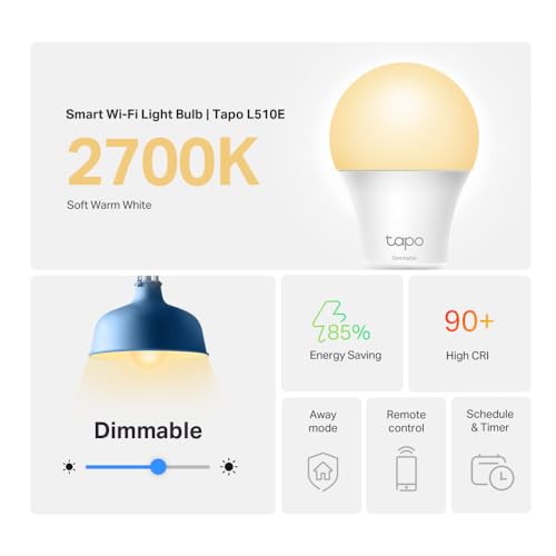 Tapo TP-Link Smart Light Bulbs - Natural Daylight, Dimmable, Compatible w/Alexa and Google Home, A60 Bulb/E27 Base, 60W Equivalent, 800LM CRI>90, 2.4GHz WiFi Only, No Hub Required, L520E(4-Pack)