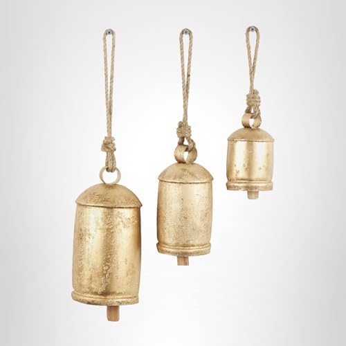 Deco 79 Gold Metal Tibetan Inspired Decorative Giant XL Cow Bells with Jute Hanging Rope, Set of 3 10",8",6"H - Cylindrical