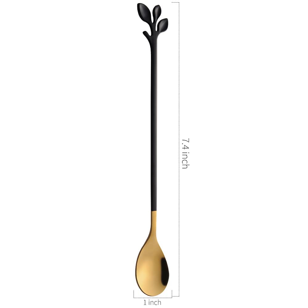 AnSaw 6-Piece Elegant Black & Gold Leaf Long Handle Teaspoons - 7.4"