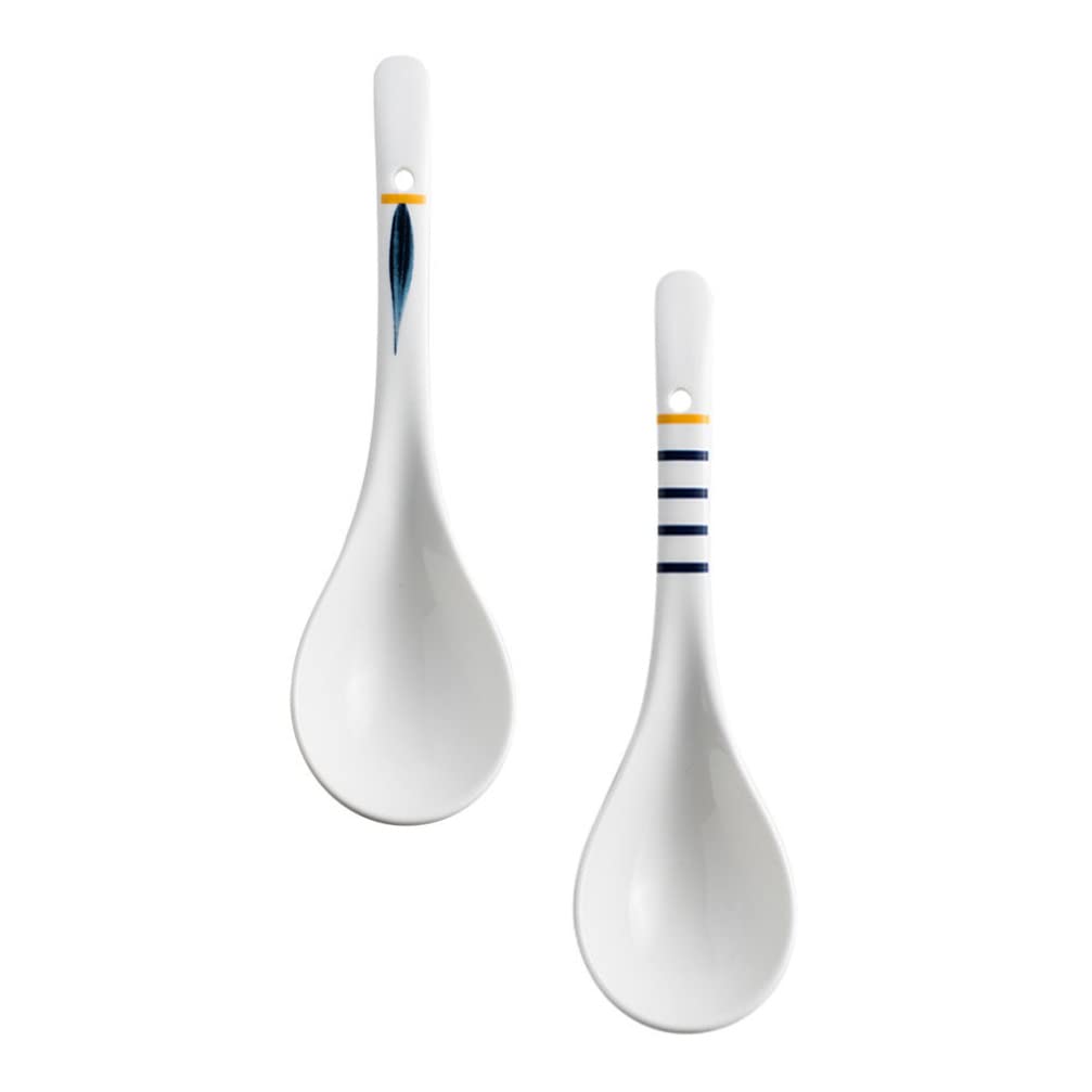 Hemoton Ceramic Soup Spoons with Long Handle 9.05 Inch Set of 2 for Rice Porridge Serving Kitchen Household