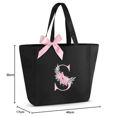Vavabox A-Z Initial Personalized Tote Bag,Waterproof Gifts for Women, Bridesmaids,Mom,Teachers,Friends (S, Black)