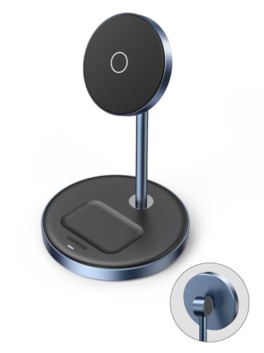 UGREEN MagFlow 2-in-1 Magnetic Wireless Charging Station, Fast Wireless Charger for iPhone 16 15 14 13 12 Series and AirPods, MagSafe Compatible Qi Charging Stand with 3 FT USB-C Cable (No AC Adapter)