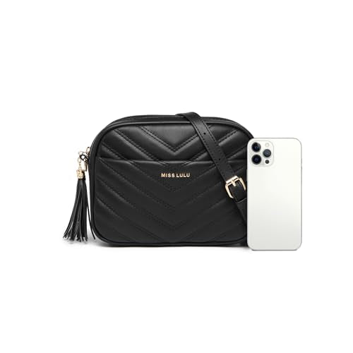 Miss Lulu Women's Small Black Crossbody Shoulder Bag with Adjustable Strap - PU Leather, V-Shaped Pattern & Tassel Detail
