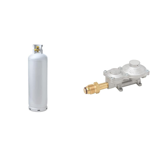 Flame King YSN100MLT-1 100LB Multi-Valve Propane Tank with High Capacity Filler, White & 2 Stage Propane LP Horizontal Super Compact Regulator with POL for RV, Vans, Trailers