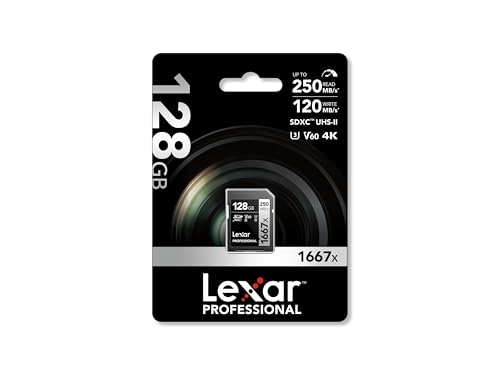 Lexar Professional 1667x SD Card 128GB, SDXC UHS-II Memory Card, Up to 250MB/s Read, 120MB/s Write, Class 10, U3, V60 SD for Professional Photographer, Videographer, Enthusiast (LSD128CB1667)