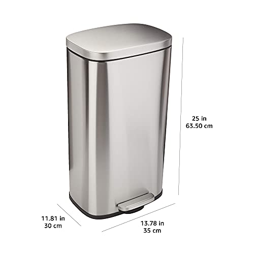 Amazon Basics Smudge Resistant Rectangular Trash Can With Soft-Close Foot Pedal, Brushed Stainless Steel, 50 Liter/13.2 Gallon, Satin Nickel Finish, 16.7"L x 14.7"W x 25.9"H