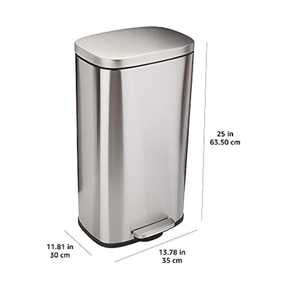 Amazon Basics Smudge Resistant Rectangular Trash Can With Soft-Close Foot Pedal, Brushed Stainless Steel, 50 Liter/13.2 Gallon, Satin Nickel Finish, 16.7"L x 14.7"W x 25.9"H