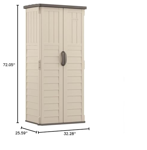 Suncast Vertical Outdoor Storage Shed with Reinforced Floor, Lockable Double Doors, All-Weather Construction, and Multi-Wall Panels, Vanilla, Made in the USA