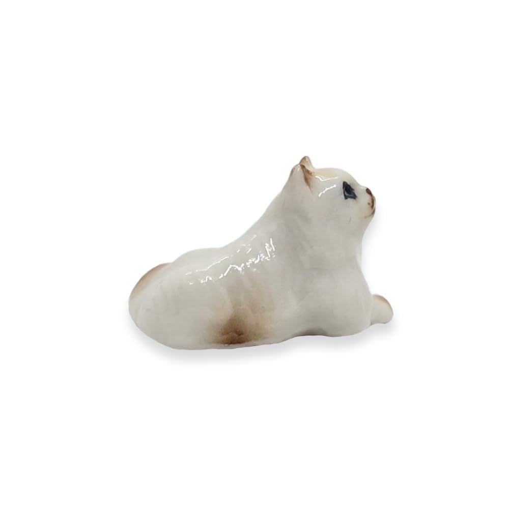 ChangThai Design Tiny ¾ Inch Lying Look Up Himalayan Persian Longhaired Cat - Miniature Hand Made Ceramic Cats Kittens Feline Animals Cute Porcelain Decorative Figure Collectible Figurines Décor Gifts