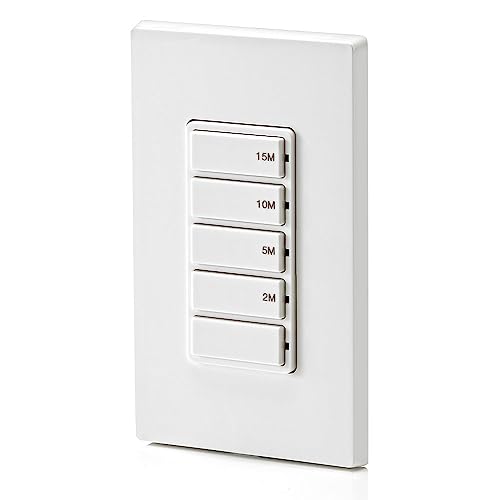 Leviton Countdown Timer Switch for bathroom fan and household lights, 5-10-15-30 min, No Neutral Required, Single Pole, 15A, 1/2 HP/9.8A Fan/Motor, DT130-1LW, White