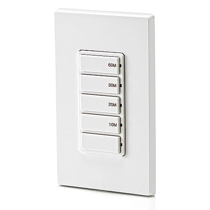 Leviton Countdown Timer Switch for bathroom fan and household lights, 5-10-15-30 min, No Neutral Required, Single Pole, 15A, 1/2 HP/9.8A Fan/Motor, DT130-1LW, White