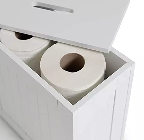 Unibos Bathroom Storage Unit, Freestanding Toilet Roll Cabinet, Compact Slimline Wooden Bathroom Storage Box, Multi Purpose Cleaning Tidy (White)