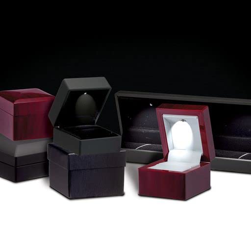 Allure - Slim Ring Box With LED Light, Square Shaped Elegant Flat Diamond Ring Case, Small, Black Velvet Interior Jewelry Display Gift Box For Unique Proposal, Engagement Or Wedding.