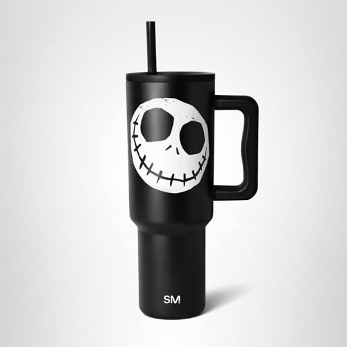Simple Modern Halloween 40 oz Trek Tumbler with Handle and Straw Lid | Nightmare Before Christmas Cup Holder Friendly Insulated Stainless Steel Travel Mug | Skellington Head