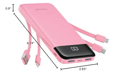 charmast Portable Charger with Built in Cables, Power Bank with Cords Wires, Slim 10000mAh Travel Battery Pack 6 Outputs 3 Inputs 3A Fast Charging for Samsung Google Pixel LG Moto iPhone iPad