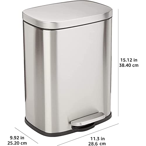 Amazon Basics Smudge Resistant Rectangular Trash Can With Soft-Close Foot Pedal, Brushed Stainless Steel, 50 Liter/13.2 Gallon, Satin Nickel Finish, 16.7"L x 14.7"W x 25.9"H