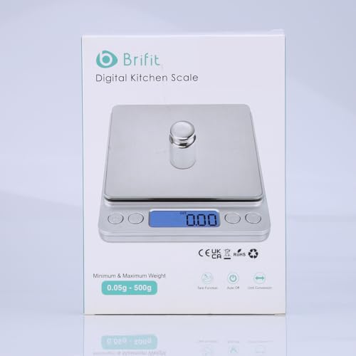 Brifit Pocket Scale, 500g x 0.01g High Precision Scale with 100g Weight, Mini Kitchen Scale with Backlit, 2 Trays, Jewelry Scale with Tare and PCS Function, Stainless Steel, Battery Included (Red)