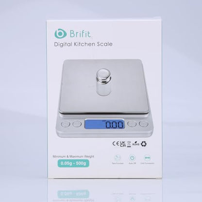 Brifit Pocket Scale, 500g x 0.01g High Precision Scale with 100g Weight, Mini Kitchen Scale with Backlit, 2 Trays, Jewelry Scale with Tare and PCS Function, Stainless Steel, Battery Included (Red)
