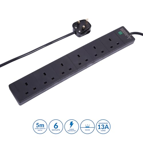 PRO ELEC PELB1755 6 Gang Extension Lead with Surge Protection Black, 5m