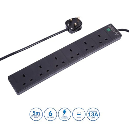 PRO ELEC PELB1755 6 Gang Extension Lead with Surge Protection Black, 5m
