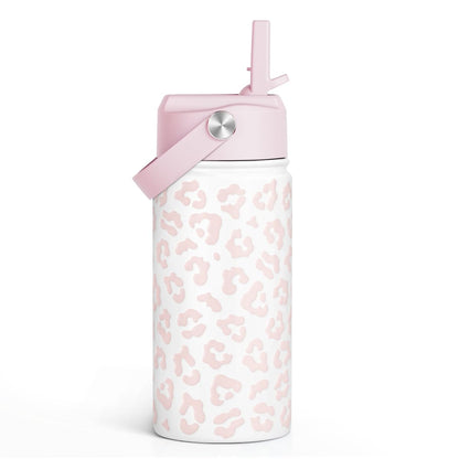 Beige Leopard Print Kids Water Bottle with Straw Lid 12oz Insulated Stainless Steel, Travel Tumbler, Gifts for Girls, Birthday, Christmas, Back to School