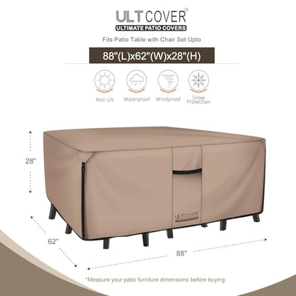 ULTCOVER Rectangular Patio Heavy Duty Table Cover - 600D Tough Canvas Waterproof Outdoor Dining Table and Chairs General Purpose Furniture Cover Size 88L x 62W x 28H inch