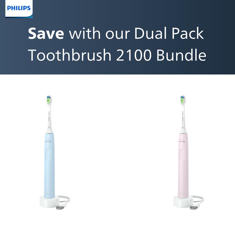Philips Sonicare 2100 electric toothbrush with Sonic technology, QuadPacer and SmarTimer, 14-day battery life and slim egonomic design, blue and pink 2 pack