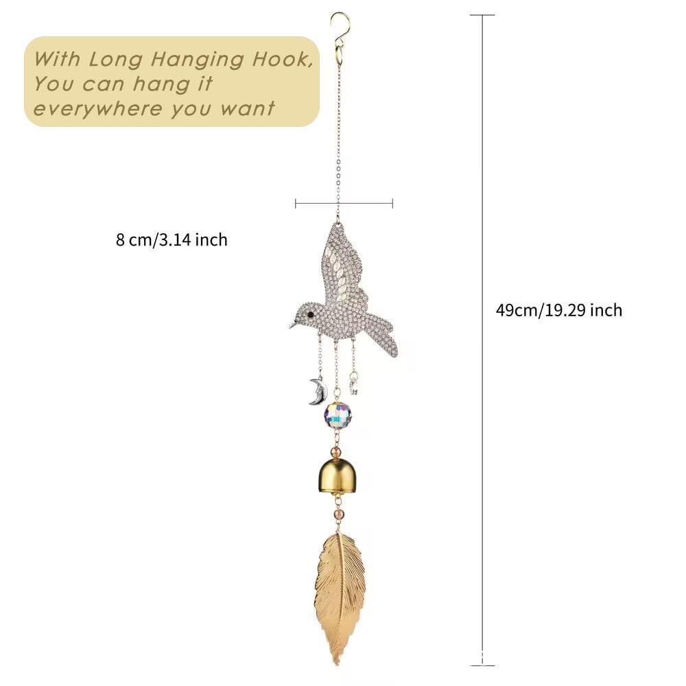 Hummingbird Rhinestone Hanging Bell for Window Garden Decor with Suncatcher