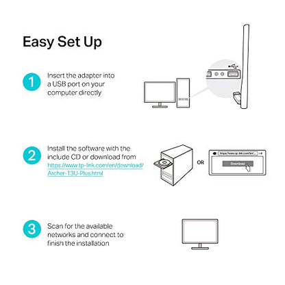 TP-Link Archer T3U Plus WiFi Dongle, AC1300 High Gain Wireless WiFi Adapter, Dual Band USB 3.0 MU-MIMO WiFi Dongle with 5dBi Antenna for PC/Desktop/Laptop, Supports Windows 11/10/8.1/8/7XP, Mac OS