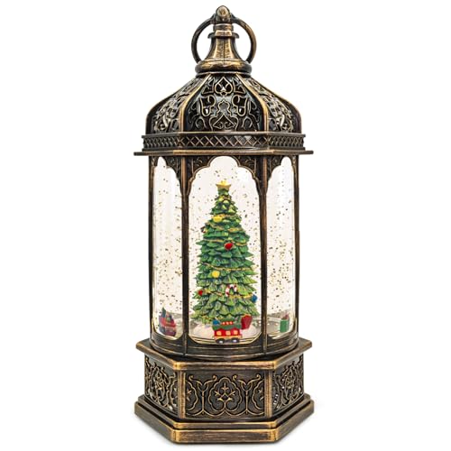 Christmas Snow Globes,Snow Ball Christmas with Music,6H Timer Cylindrical Flashing Snow Ball,Bronze Christmas Music Box Including 8 Songs, Lantern with Christmas Tree