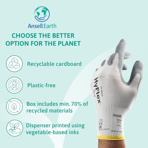 Ansell HyFlex 11-800 Professional Work Gloves, Abrasion Resistant Nitrile Coating with Firm Grip, Multipurpose Protection Gloves, Mechanical and Industrial Safety, White, Size M (12 Pairs)