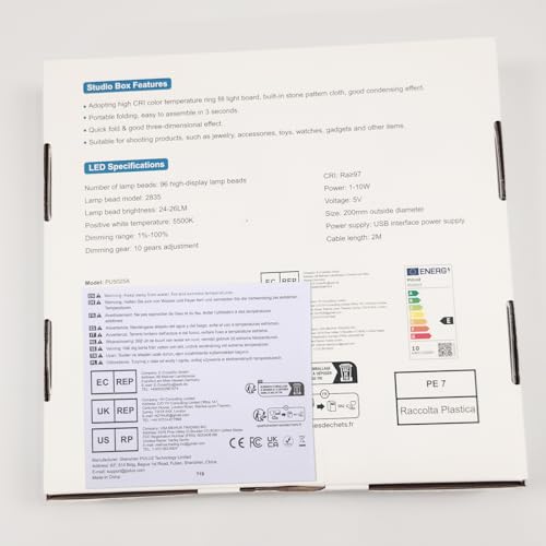PULUZ 9.8 inch/ 25CM Light Box Portable Photo Box Booth with 10 Levels of Adjustable Brightness, High Definition LED Ring Light with 96 Beads and 12 Coloured Backdrops for Product Photography