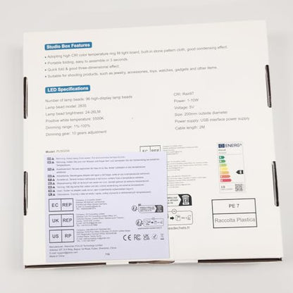 PULUZ 9.8 inch/ 25CM Light Box Portable Photo Box Booth with 10 Levels of Adjustable Brightness, High Definition LED Ring Light with 96 Beads and 12 Coloured Backdrops for Product Photography