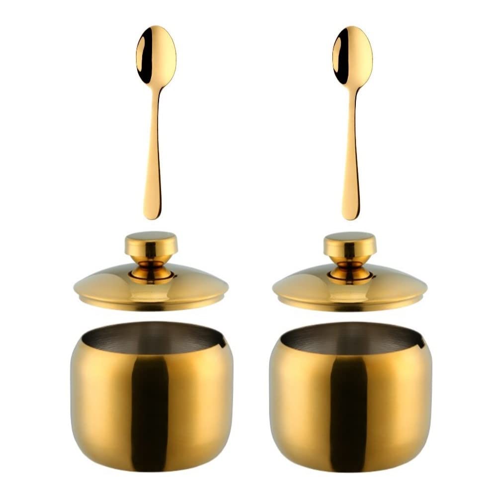 Color ME! Stainless Steel Condiment Pots Color Me Kitchen Condiment Jars with Lids and Spoons Shatterproof Metal Seasoning Jars for Home and Restaurant, Large Capacity, (11.84 Oz), Gold