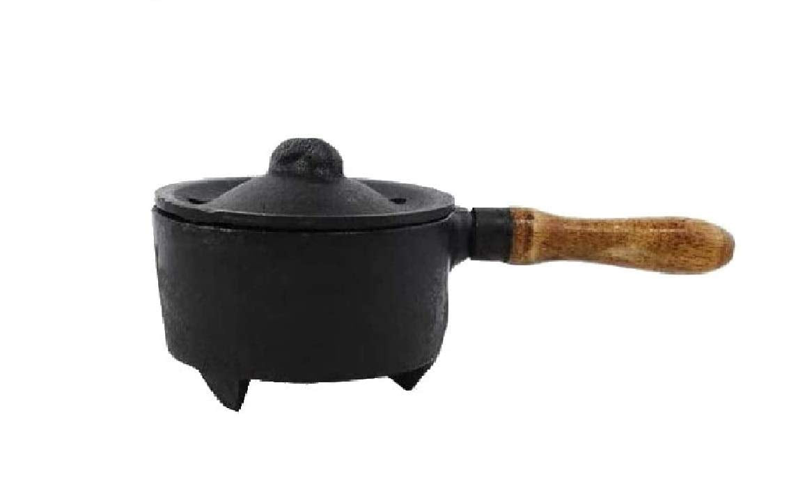 CircuitOffice Wood Handle Cast Iron Cauldron Burner, 2.5" Diameter, for Burning Smudging, Cone or Granular or Charcoal Incense, Rituals, Altars, Wicca, Pagan
