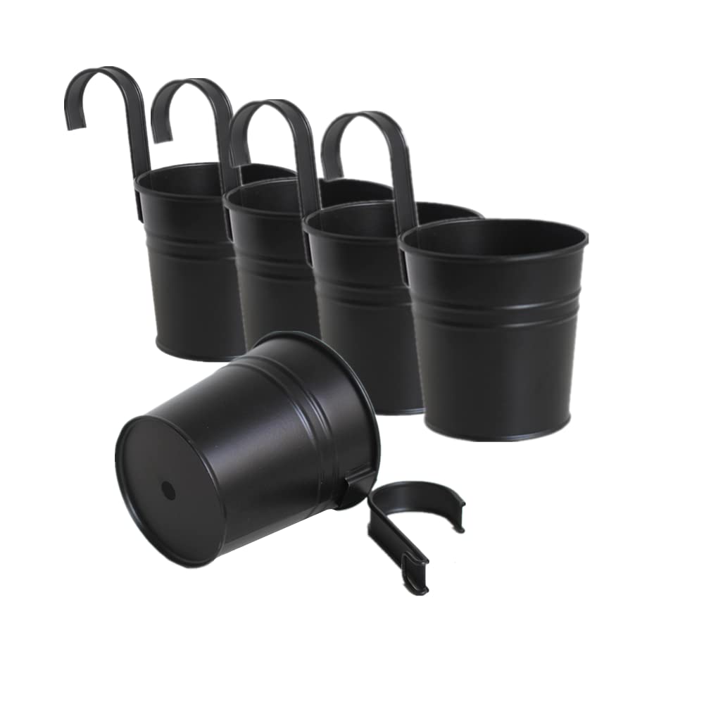 Leoyoubei Hanging Flower Pots for Outdoor Indoor Plants with Removable Hooks -5 Pack Metal Buckets Hanging Plant Pots Wall Fence Home Decor-Storage Box,Drainage Holes -5''Diameter (Black)