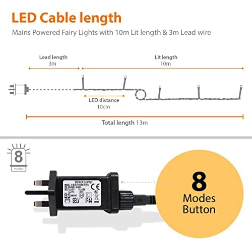ANSIO® Christmas Lights 100 LED 10m/32ft Christmas Tree Lights for Indoor & Outdoor Multicolour Decorations Fairy String Lights for Xmas Garden Bedroom & Party | Mains Powered Green Cable
