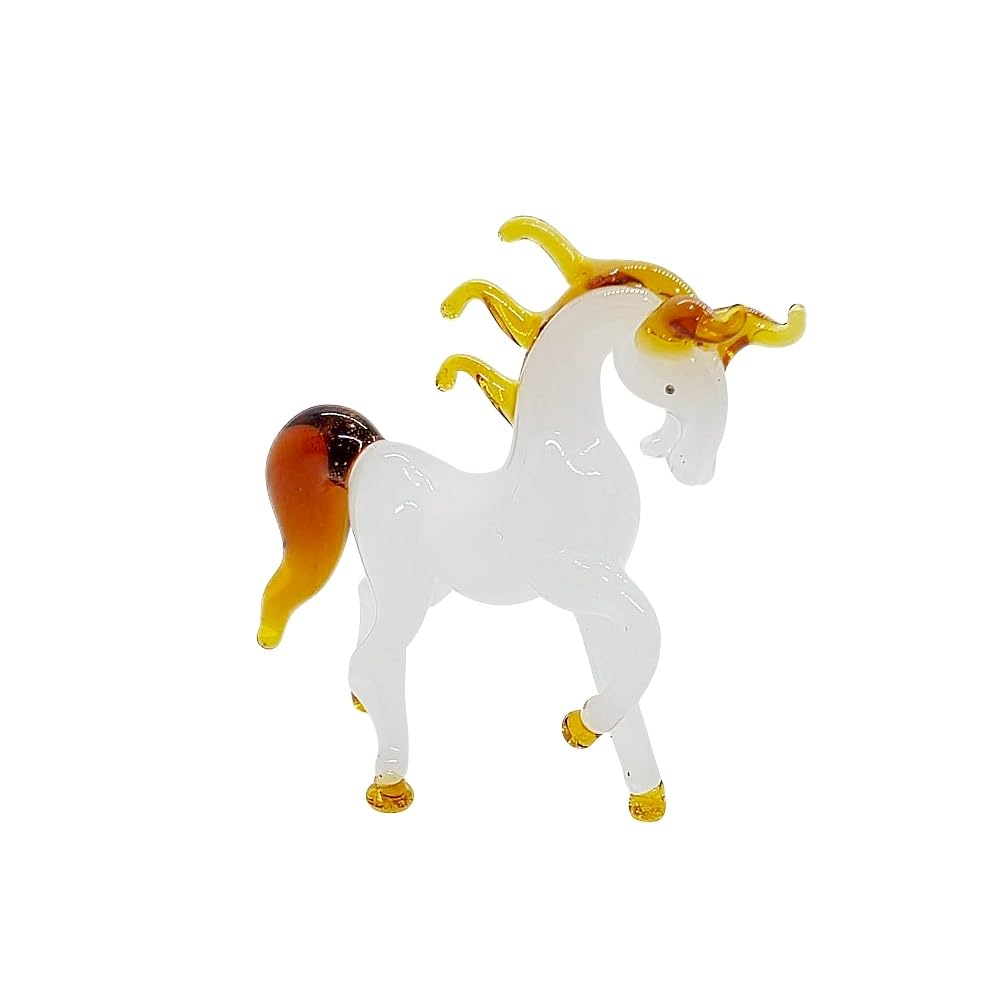 WitnyStore Tiny 1¾" High White Brown Walking Horse Figurine - Miniature Hand Blown Painted Glass Horses Stallion Mare Foal Pony Small Crystal Animals Decorative Collectible Figures Décor Gifts