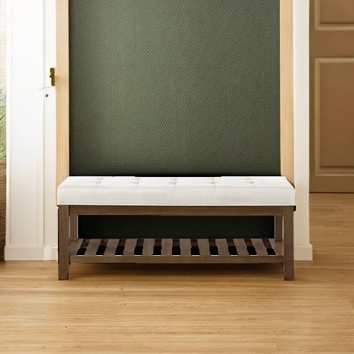 24KF Large Rectangular Upholstered Tufted Linen Ottoman Bench, Padded Bench