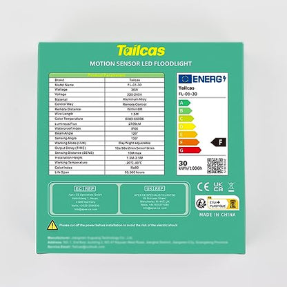 Tailcas Security Lights Outdoor Motion Sensor, 30W PIR Light with Remote Control, IP66 Waterproof Sensor Outdoor, 2700LM LED Floodlights Mains Powered for Garden,Yard, Garage, Black