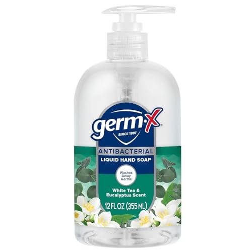 Germ-X Antibacterial Hand Soap, Moisturizing Liquid Hand Wash for Kitchen, pH Balanced & Dermatologist Tested, Back to School Supplies, White Tea & Eucalyptus, 12 oz Pump Bottle (Pack of 4)