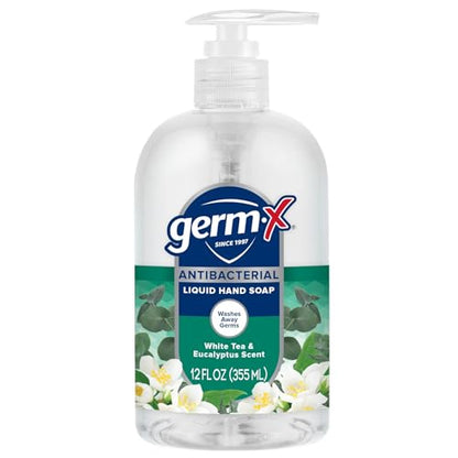 Germ-X Antibacterial Hand Soap, Moisturizing Liquid Hand Wash for Kitchen, pH Balanced & Dermatologist Tested, Back to School Supplies, White Tea & Eucalyptus, 12 oz Pump Bottle (Pack of 4)