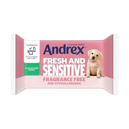 Andrex Fresh and Sensitive Hygiene Wipes, 12 Pack; Flushable Moist Toilet Tissue, Hypoallergenic and Fragrance Free Wet Wipes for Sensitive Skin (Pack of 12), FSC Certified