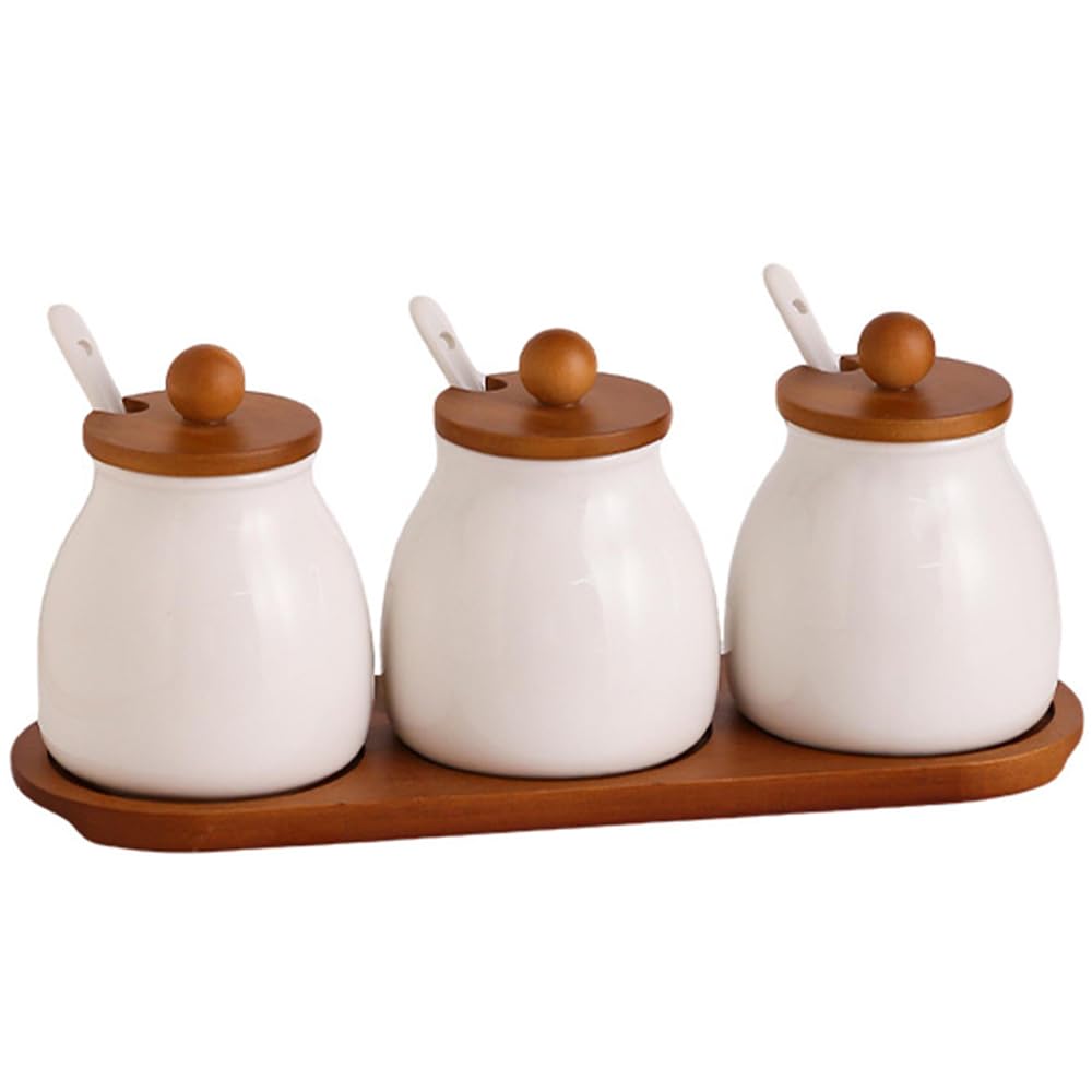 ANQIA Porcelain Condiment Jar Set Spice Jars with Wooden Lids and Tray Ceramic Spice Container with Spoons for Sugar, Salt,Tea, Spices, Coffee (Set of 3)