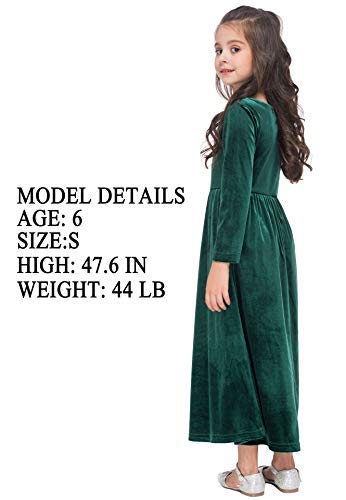 GAZIAR Girls Maxi Velvet Dress with Pockets Long Sleeve Casual Dress Party Dress for Evening Gown Christmas Wedding Holiday Green Large