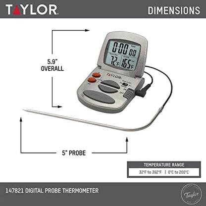 Taylor Programmable with Timer Instant Read Wired Probe Digital, Meat, Food, Grill BBQ Cooking Kitchen Thermometer, Stainless Steel