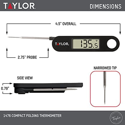 Taylor 1476 Instant Read Digital Meat Food Grill BBQ Cooking Kitchen Thermometer, Tailgating and Grilling Compact Folding Probe, Black